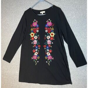 Umgee Tunic Dress Womens XL Floral Embroidered Soft‎ Cozy A Line Black